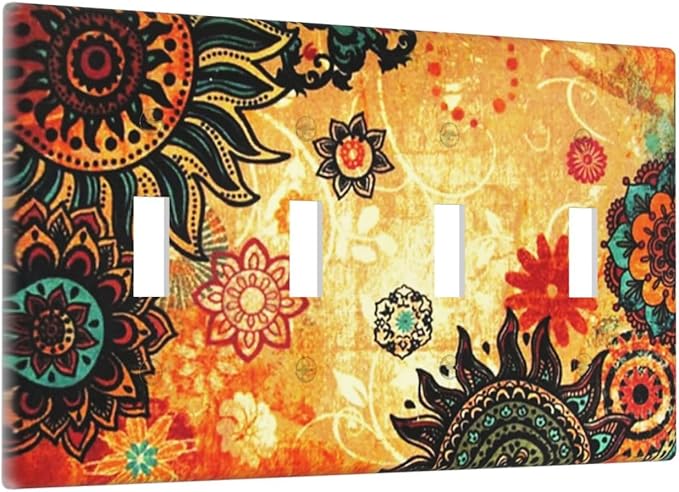 Red Orange Boho Bohemian Flower Floral Decorative 4 Gang Quad Toggle Light Switch Cover Electric Large Size Quadruple Faceplate Decorative Switch Face Wallplate
