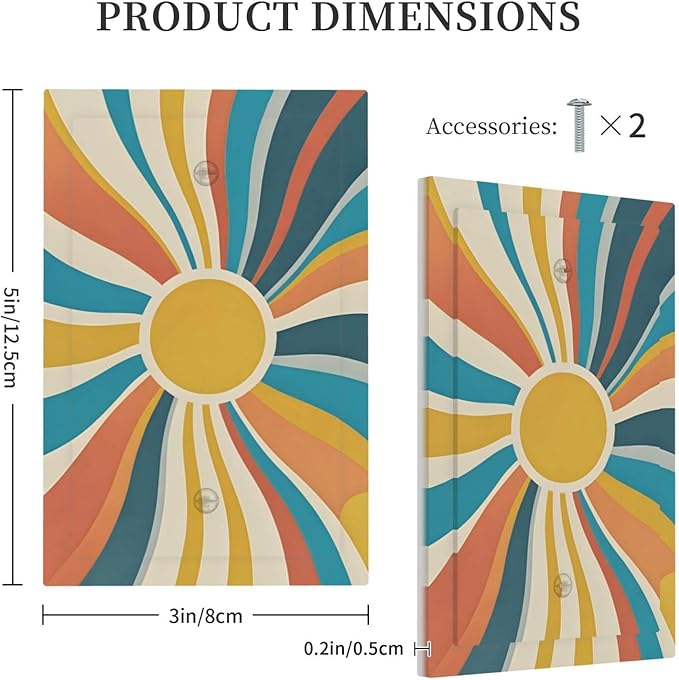 Decorative Blank Wall Plate with Retro Mid-Century Modern Sunburst Motif Design Single Gang No Device Outlet Covers 1 Gang Light Switch Covers for Abstract Teal/Yellow/Orange Wall Decor