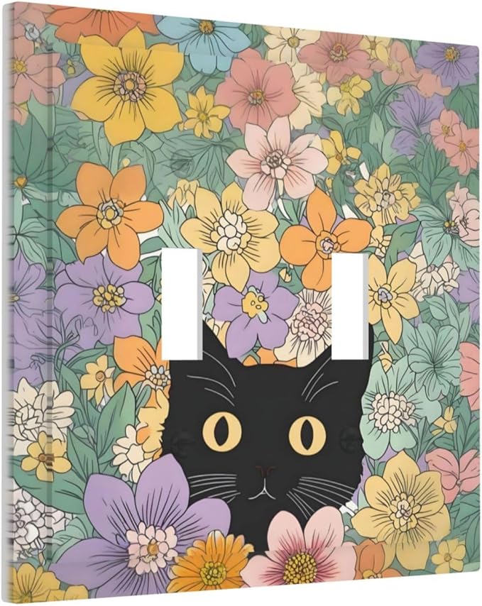 Decorative Switch Plates Funny Cute Cartoon Cat Floral Colorful Flower 2 Gang Double Toggle Outlet Light Switch Cover Wall Plate Electrical Faceplate For Kids Room Nursery Decor