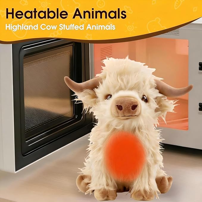 OROZCOR Microwavable Highland Cow Stuffed Animal, Weighted Highland Cow Plush Toys, Cute Weighted Stuffed Animals Gifts for Adult Kids Girls Boys (Microwavable White)