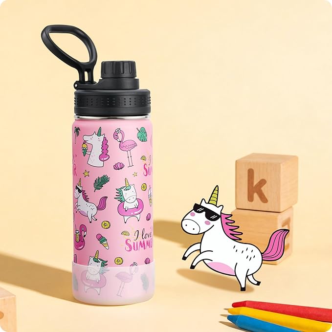 16 oz Water Bottle-Stainless Steel Double Walled Vacuum Insulated Water Bottle for Girls School-BPA Free, Flamingo Pink