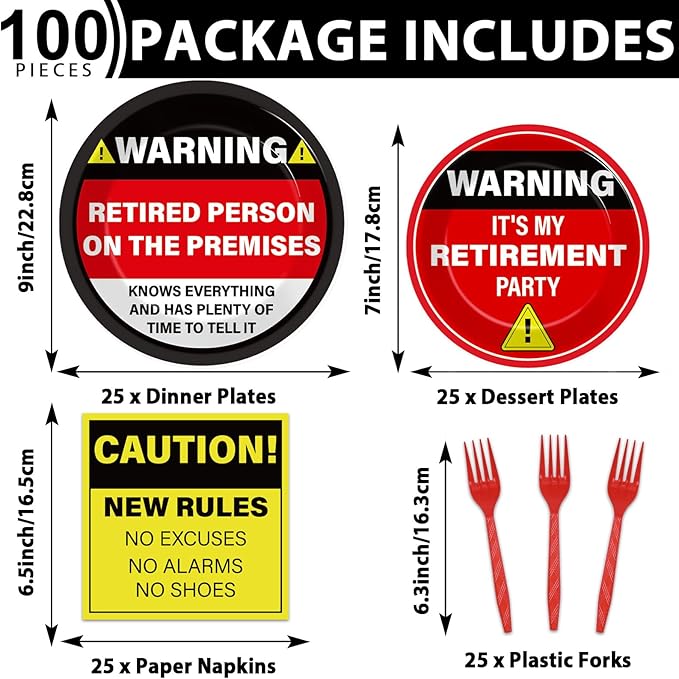 Qyeahkj 100 Pcs Funny Happy Retirement Party Supplies Caution Retirement Paper Plates and Napkins Set Disposable Warning Sign Tableware Decorations for Men Women Farewell Going Away Party Serves 25
