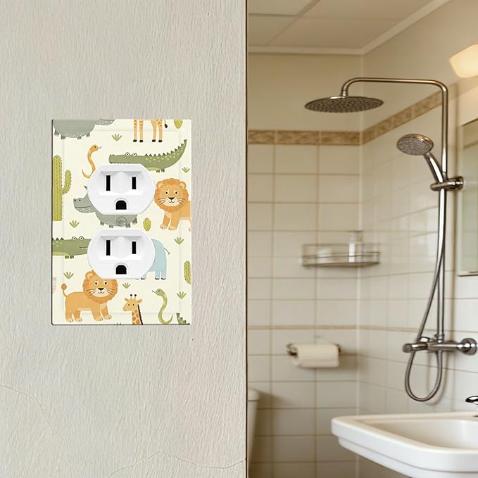 Playful African Safari Animals Duplex Wall Plate - 1-Gang Standard US Size Cute Hippo Crocodile Lion Elephant And Giraffe Funny Wildlife Outlet Covers for Boys & Girls Room Decor