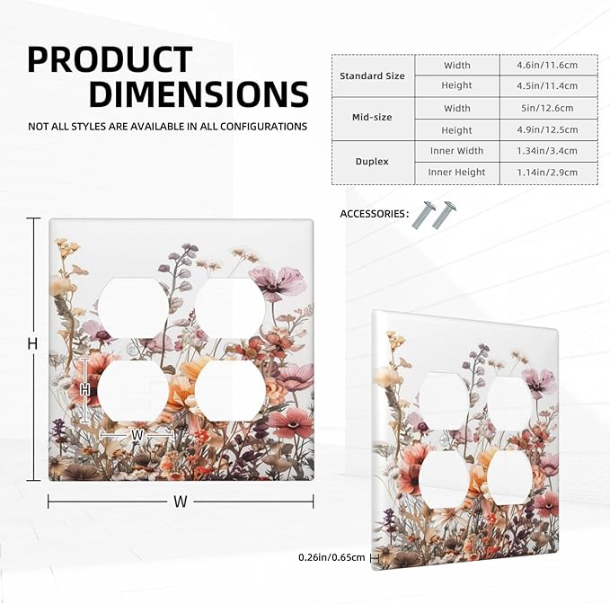 Boho Nursery Wildflower Flora Vintage Flower Outlet Covers 2 Gang Double Duplex Decorative Light Switch Covers Electrical Wallplates Socket Faceplate for Bedroom Living Room Decor
