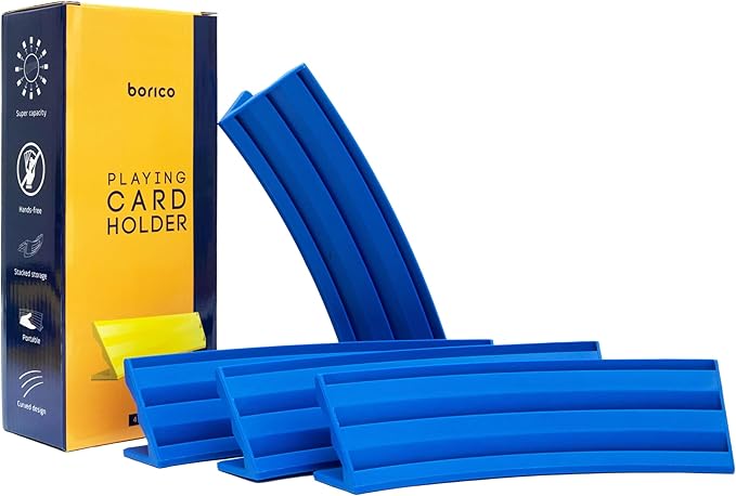 BORICO Card Holders for Playing Cards - 4 Pack Playing Card Holder for Kids and Adults,Stackable Storage Game Card Tray for Arthritis Patients with a Travel Pouch (Blue)
