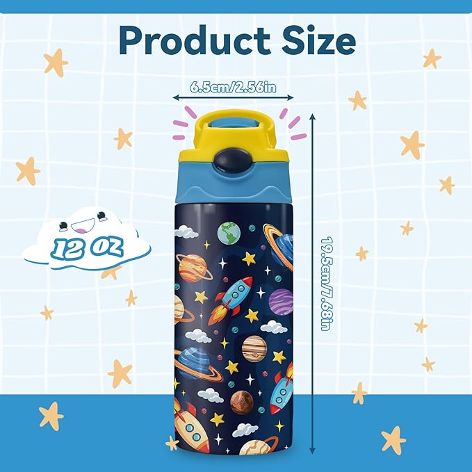 Space Gifts for Kids - 12oz Space Water Bottle with Straw Lid, Astronaut Stainless Steel Insulated Water Bottles, BPA-free, Leak-proof, for Boys Girls, School, Gift Waters Bottle for Universe Lover