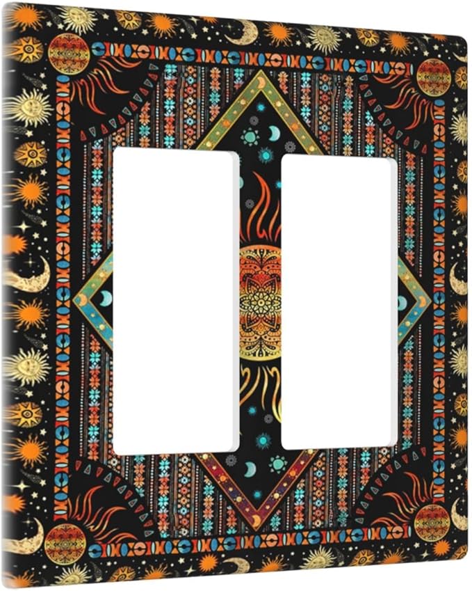 Outlet Covers Boho Burning Sun Hippie Retro Bohemian Gypsy 2 Gang Wall Plate Double Rocker Light Switch Cover Decorative GFCI Receptacle Cover Electrical Switchplate for Bathroom Home Decor