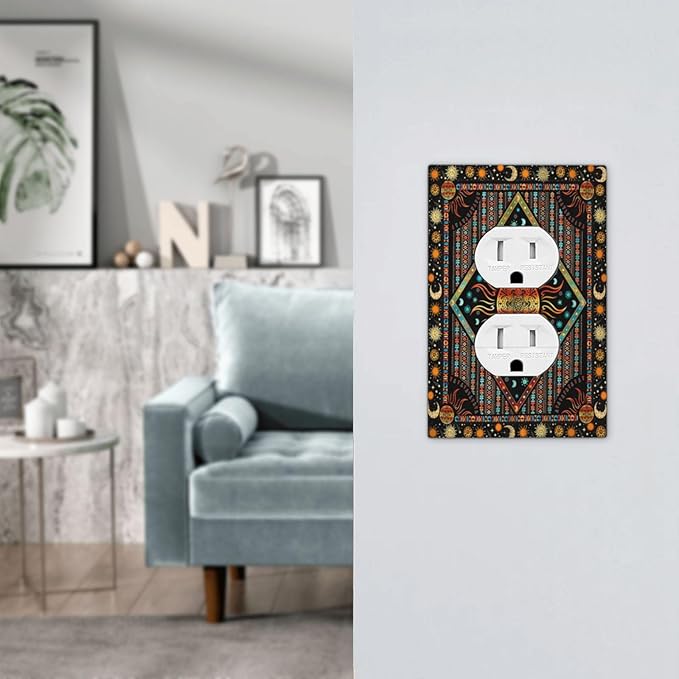 Outlet Covers Boho Burning Sun Hippie Retro Bohemian Gypsy 1 Gang Duplex Light Switch Cover Plate Decorative Wall Plates Electrical Switchplate Receptacle Cover for Bathroom Home Decor