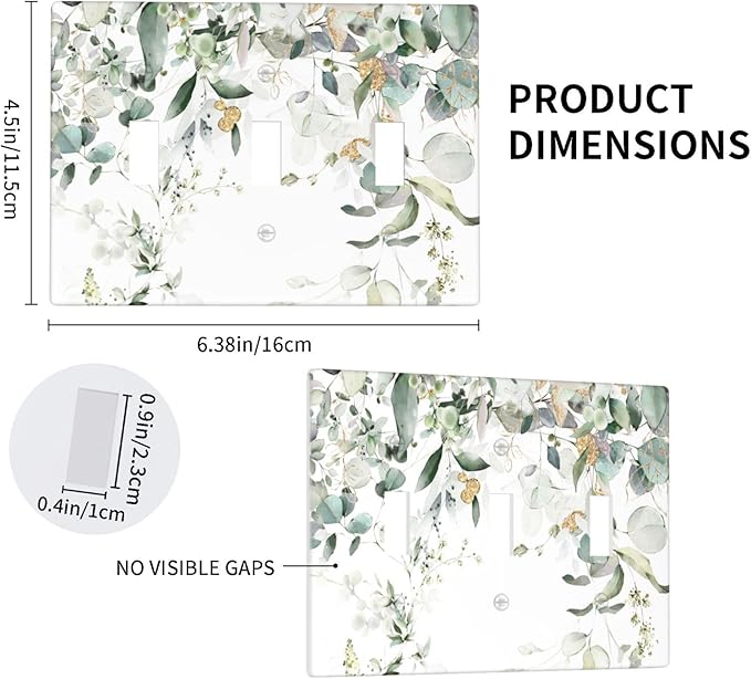 Green Leaves Watercolor Light Switch Cover Plates Decorative Triple Toggle Wall Plate, 3 Gang Lightswitch Cover