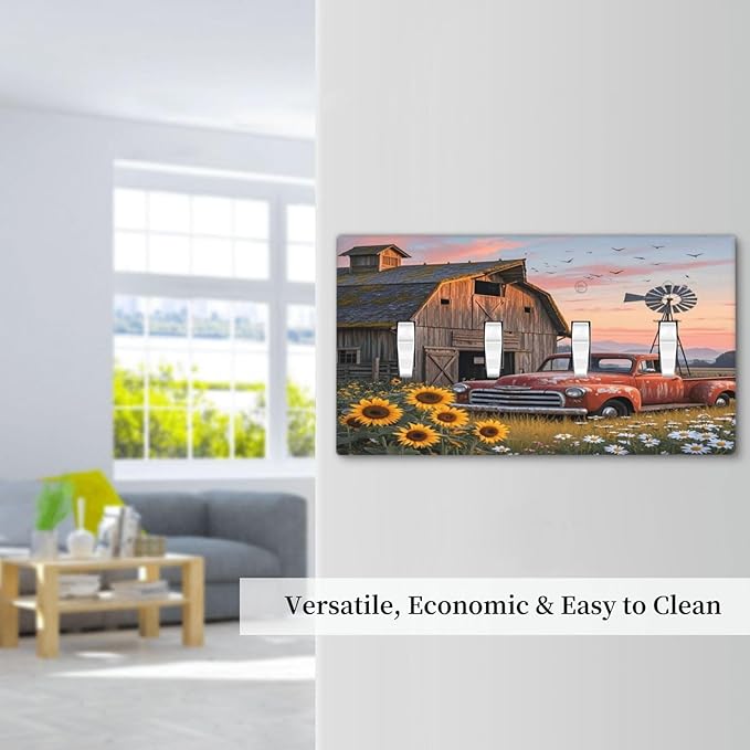 Rustic Barn Red Truck Windmill Sunflower Light Switch Covers Quad Toggle Electrical Faceplate 4 Gang Wall Plate Decorative Switch Plates Cover for Farmhouse Home Decor