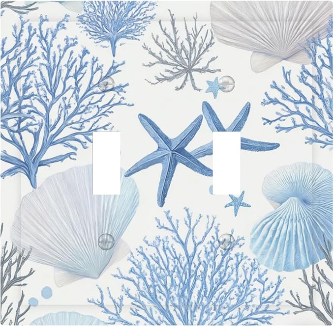Coastal Blue Coral & Starfish Double Toggle Switch Cover - 2-Gang Standard US Size Watercolor Ocean Treasures Light Switch Covers, Serene Underwater Garden for Beach House Decor