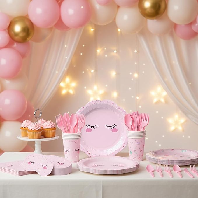 168Pcs Spa Paper Plates Napkins Pink Slumber Spa Tableware Set Sleepover Girls Makeup Birthday Party Supplies for Pajama Party Decorations Serves 24 Guests
