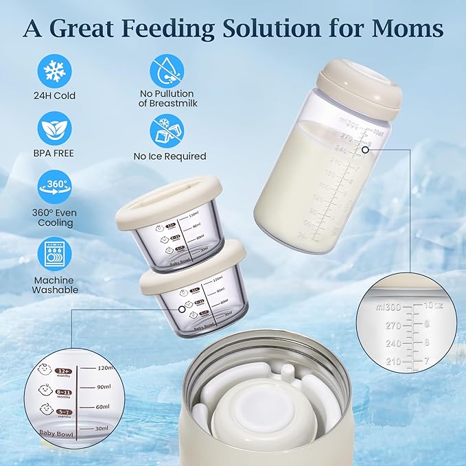 3-in-1 Breast Milk Cooler for 24H 360° Cooling, 11oz Breastmilk Chiller with Bottle & 8oz Baby Food Containers & 27oz Insulated Food Jar, Fits from Baby to Adult for Outdoor, Work & Travel - Mocha