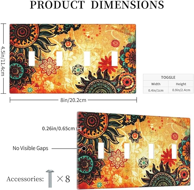 Red Orange Boho Bohemian Flower Floral Decorative 4 Gang Quad Toggle Light Switch Cover Electric Large Size Quadruple Faceplate Decorative Switch Face Wallplate