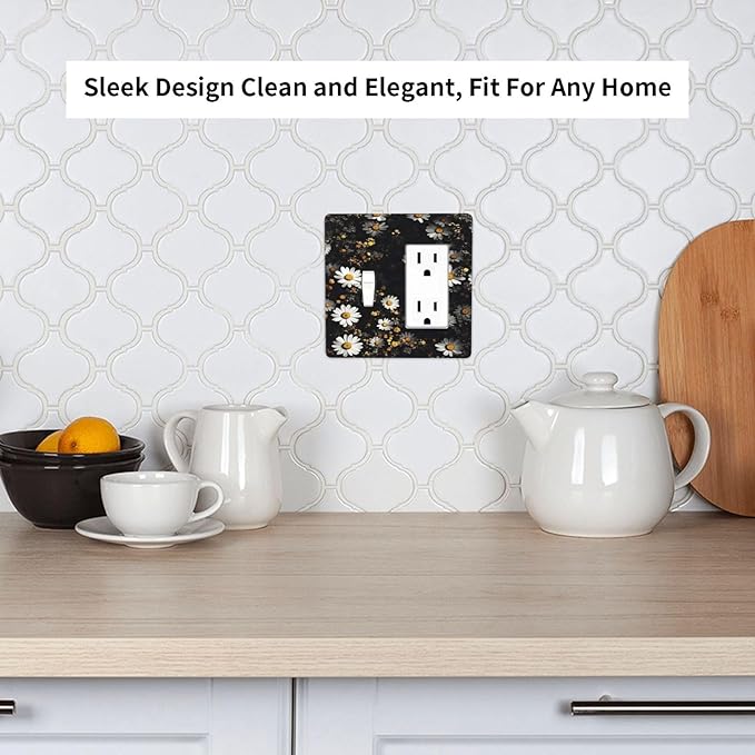 White Black Daisy Wildflower Modern Chrysanthemum Outlet Covers 1 Toggle 1 Rocker Combination Decorative Wall Plate Electrical Switch Plates Light Switch Cover Plate for Bedroom Farmhouse Decor