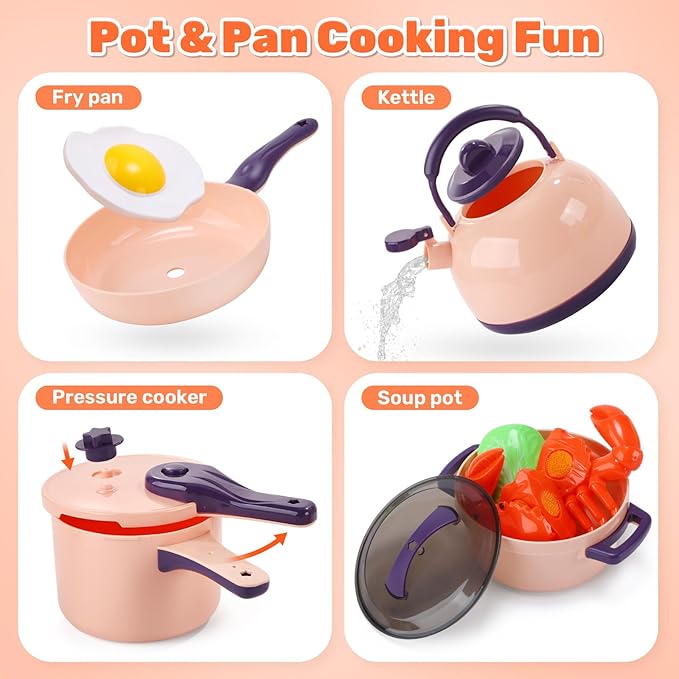 CUTE STONE 70+ PCS Kids Play Kitchen Accessories, Pretend Cooking Toys with Peelable & Cuttable Play Food, Cookware, Tableware & Utensils, Shopping Basket, Tray, Educational Gift for Girls & Boys