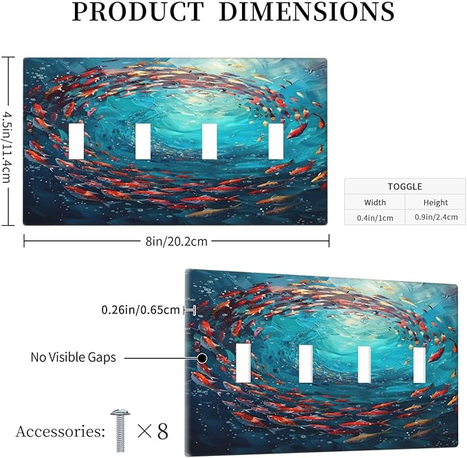 Ocean Fish School Of Fish Vortex Deep Sea Light Switch Covers Quad Toggle Electrical Faceplate 4 Gang Wall Plate Decorative Switch Plates Cover for Kids Room Bedroom Decor