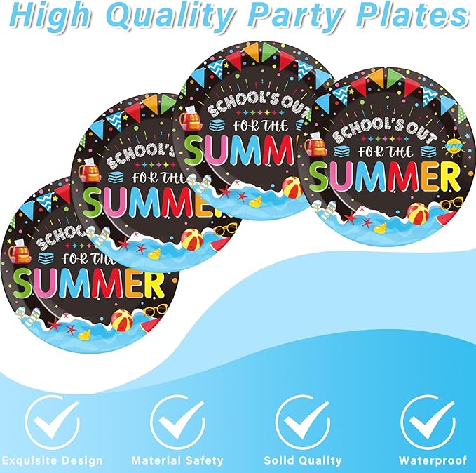 School's Out for The Summer Tableware Set for Kids Class End of School Year Theme Plates Supplies School's Out Plates Napkins Tablecloths Serves 24 Guests Graduation Preschool Party Decorations Favors