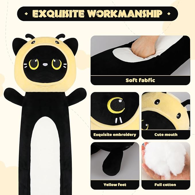 36 inch Black Cat Bee Stuffed Plush Toy, Kitty Stuffed Animals Honeybee Body Pillow, Kawaii Soft Plushie Gfit for Kids Boys Girls, Birthday