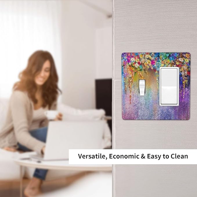 Colorful Floral Watercolor Flower 2 Gang Single Toggle Rocker Combination Light Switch Cover Purple Decorative Wall Plate Cover Electrical Faceplate for Farmhouse Bathroom Bedroom Kitchen Decorate