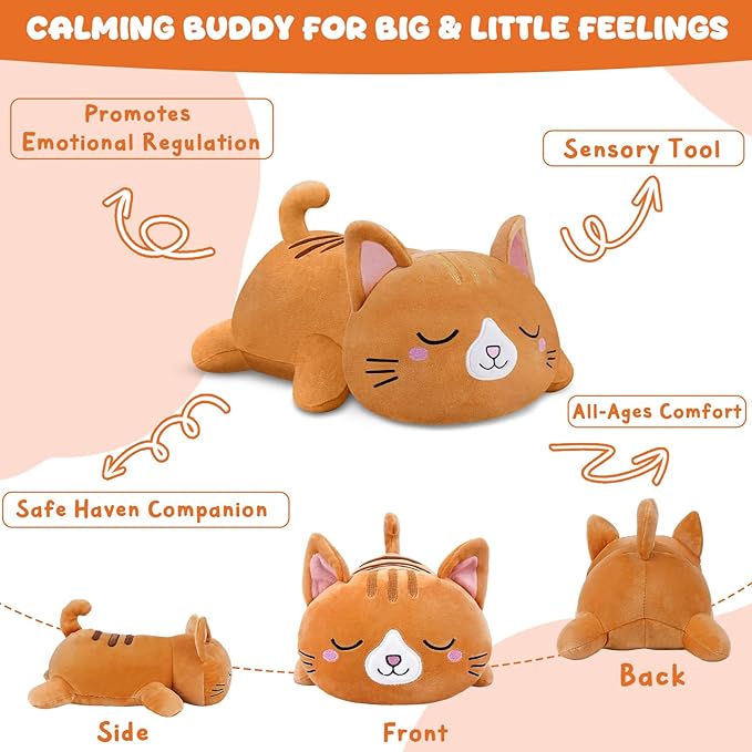 TOYSYM Weighted Stuffed Animals Cat, Orange Cat Plush with Weighted Beads, Cute Cat Plushie Pillow Gifts for Adults Kids Boys Girls 13.8inch