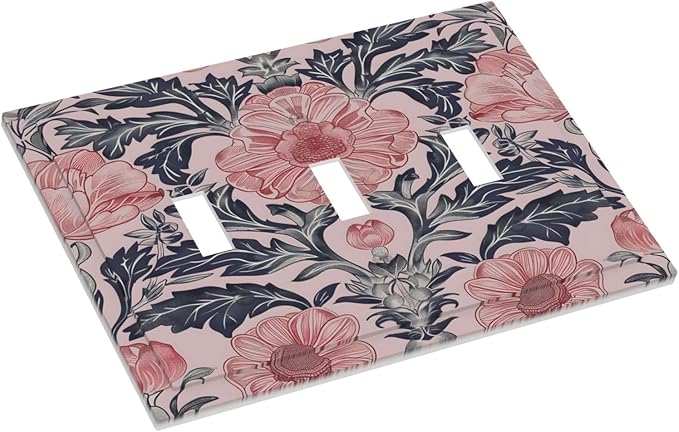 Pink Floral Vintage Botanical Boho Flower Decorative Switch Plates 3 Gang Wall Plate Triple Toggle Light Switch Cover Faceplate Electrical Wall Panels for Farmhouse Home Decor