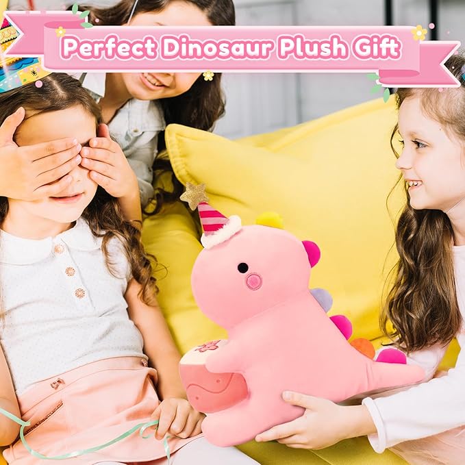 SQEQE Dinosaur Stuffed Animal, Cute Dinosaur Plush Toys with Cake, Dino Plushies Anniversary Birthday Gift for Her Girls Boys Boyfriend Girlfriend(Pink,12 inch)