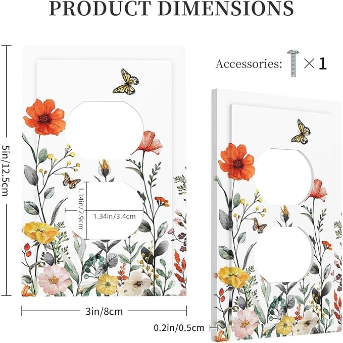 Colorful Vintage Floral Butterfly Flower 1 Gang Duplex Wall Plate Receptacle Outlet Covers Spring Nature Wildflower Blossom Decorative Electrical Dual Device Light Switch Plug Socket Faceplate Cover