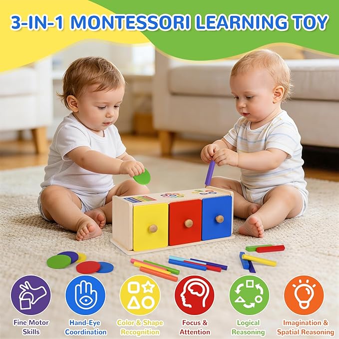 Toddler Montessori Toys, 3-in-1 Wooden Color & Shape Sorting Learning Matching Box Toy for Baby Toddlers 1 2 3 Year Old
