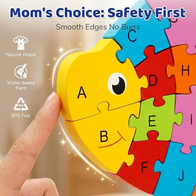 LovesTown Wooden Puzzles for Kids, Double Sided Goldfish Jigsaw with Alphabet & Numbers, Montessori Educational Toy for Toddlers, Chunky Animal Gift