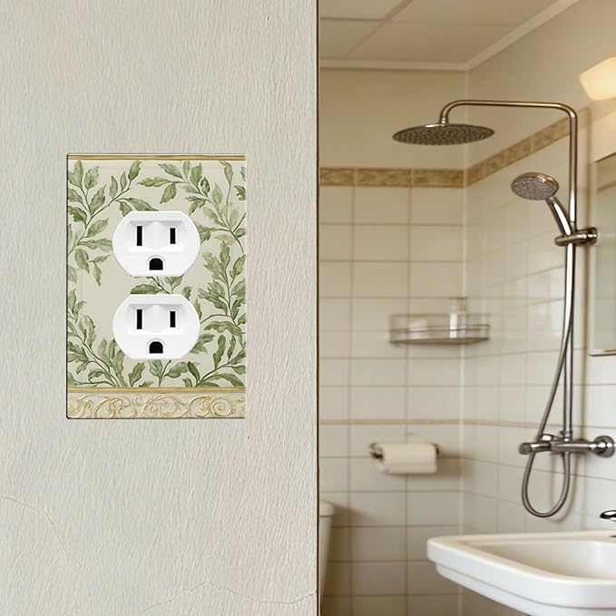 Soft Green Botanical Scroll Duplex Wall Plate - 1-Gang Standard US Size Regency Style Leafy Vine Design Outlet Covers for Bedroom Living Room Decor