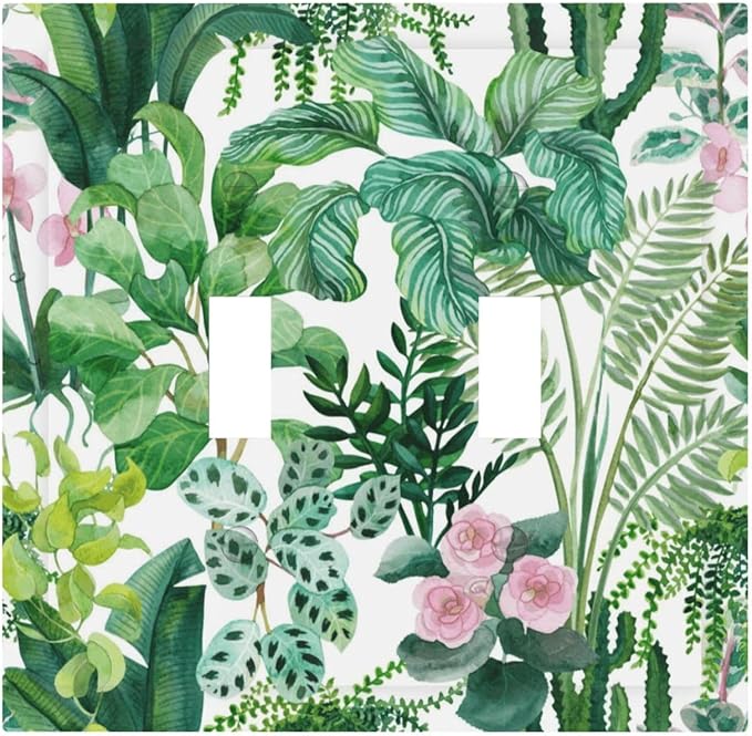 Tropical Palm Leaves Green Jungle Botanical Floral Flowers Decorative Switch Plates 2 Gang Double Toggle Outlet Light Switch Cover Wall Plate Electrical Faceplate for Bedroom Living Room Decor