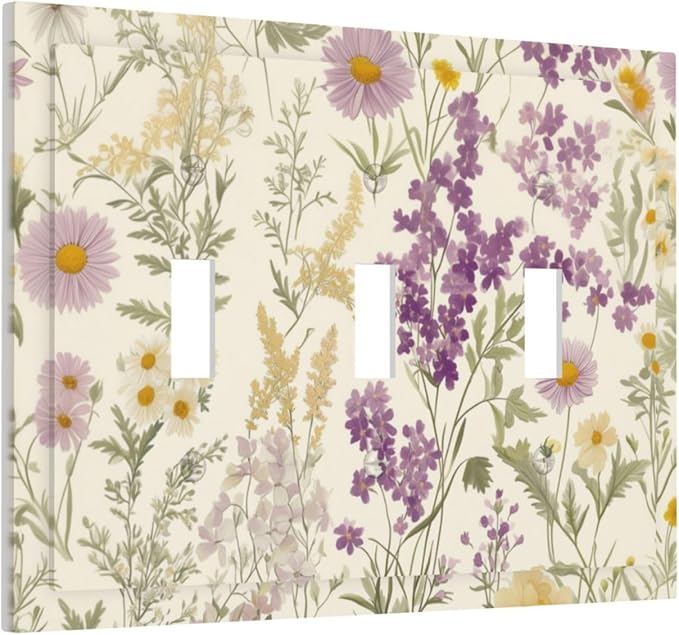 Watercolor Floral Leaves 3 Gang Light Switch Cover Small Purple Flowers Daisies Triple Toggle Wall Plate Decorative Electrical Faceplate for Country Bedroom Kitchen Living Room Home Decor
