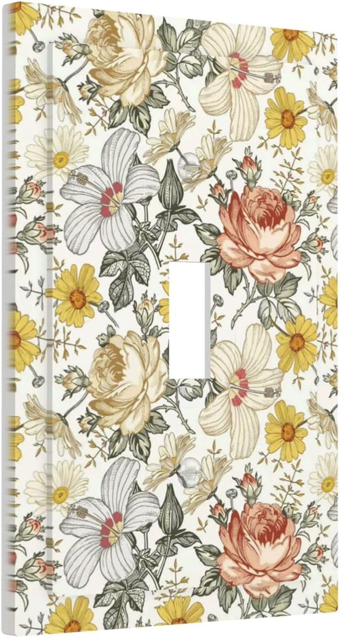 Multicolor Peony Daisy Vintage Floral Flower Decorative Light Switch Cover 1 Gang Single Toggle Device Electrical Faceplate Switchplates Decorator Outlet Wall Plate for Bedroom Living Room Decor
