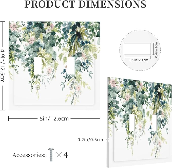 Colorful Plant Flower Sage Eucalyptus Leaves Decorative Switch Plates 2 Gang Double Toggle Outlet Light Switch Cover Wall Plate Electrical Faceplate for Bedroom Living Room Decor