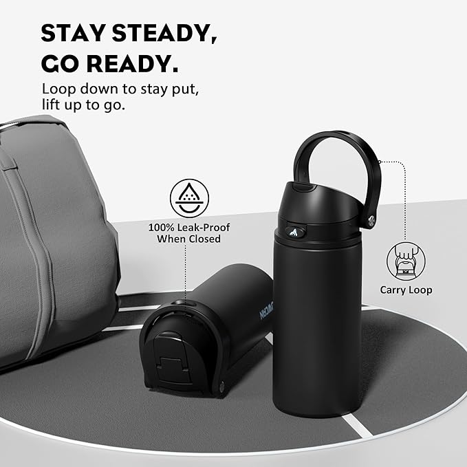POWCAN 18 oz Insulated Water Bottle: 2-in-1 Push-Button Spout & Quick-Flip Straw, Leakproof, Cold 24Hrs, Fits Car Cup Holder, Stainless Steel Water Bottle for Sports, Travel, School (Very Black)