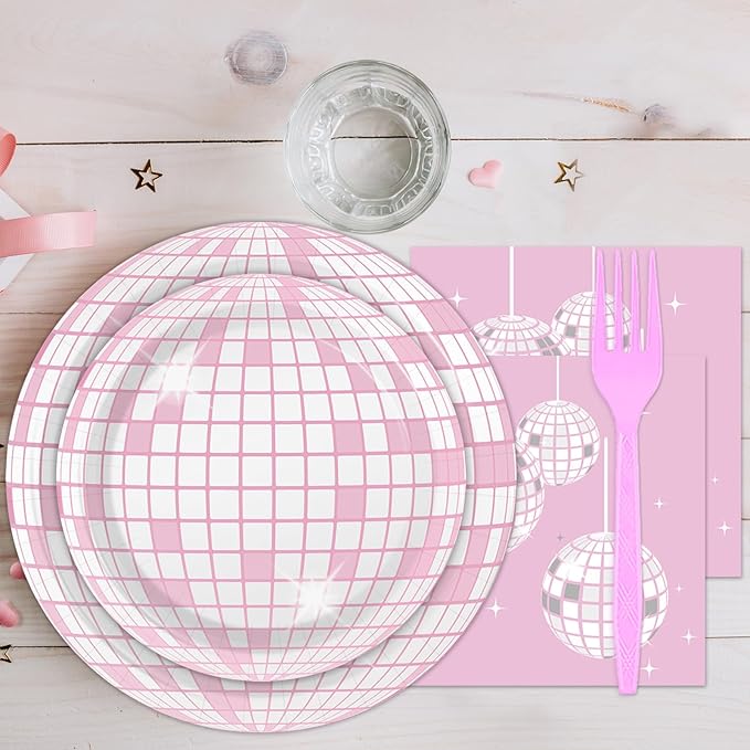 96PCS Pink Silver Disco Party Plates Napkins Disco Birthday Decoration 70s Theme Disposable Paper Cake Tableware Serve 24 Guests Women Girls Baby Shower Bachelorette Wedding Birthday Party Favor