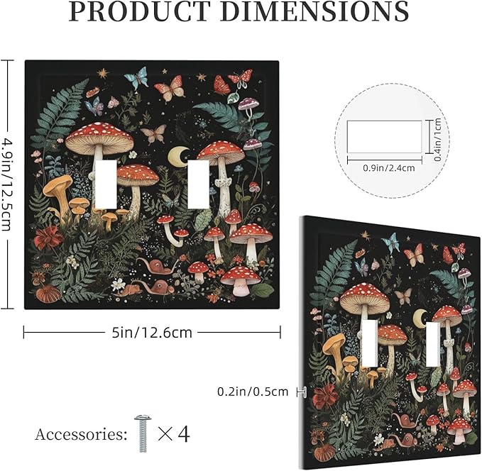 Cartoon Floral Mushroom forest Butterfly Flowers Decorative Switch Plates 2 Gang Double Toggle Wall Plate Electrical Faceplate Outlet Light Switch Cover for Bedroom Kids Room Decor
