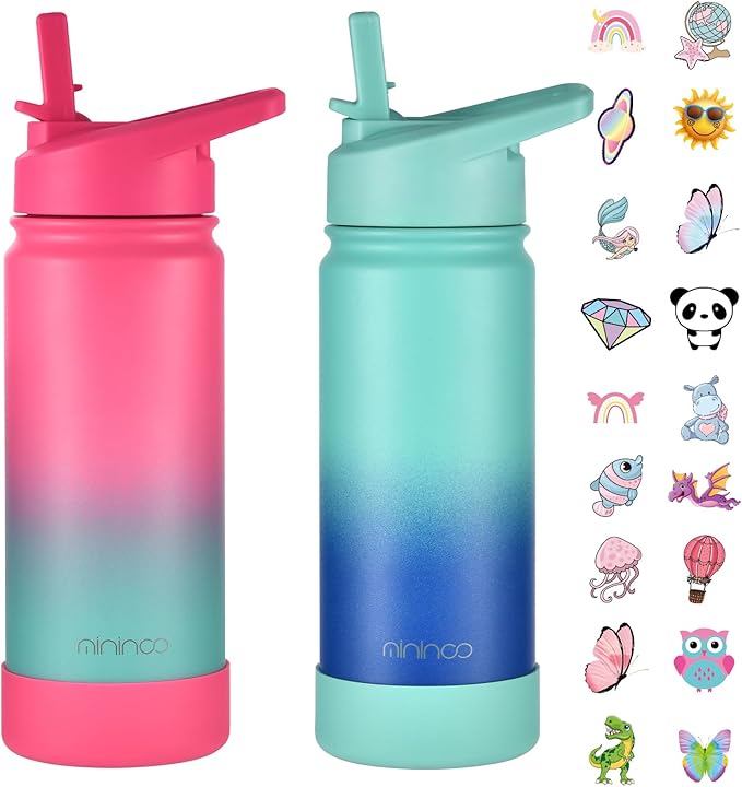 Mininoo Girls Water Bottle for School, 16oz Stainless Steel Insulated Metal Water Bottle with Straw Lid for Boys (Purple/Sky)