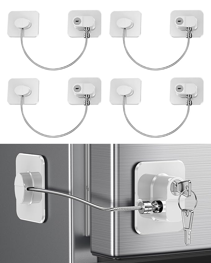 4 Pack Refrigerator Locks with Keys for Kids and Adults, Self Adhesive Child & Baby Proofing Fridge Latch for Double Door, French Door, Cabinets and Drawers, Oven, Windows (Patent)