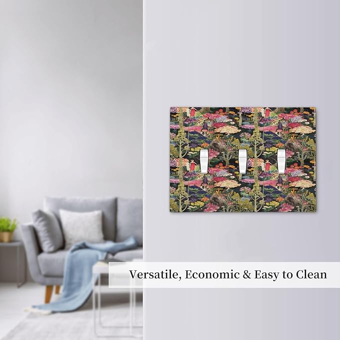Dreamy Tropical Rainforest Colorful Mushroom Wildflower Decorative Switch Plates 3 Gang Wall Plate Triple Toggle Light Switch Cover Faceplate Electrical Wall Panels for Farmhouse Kids Room Decor