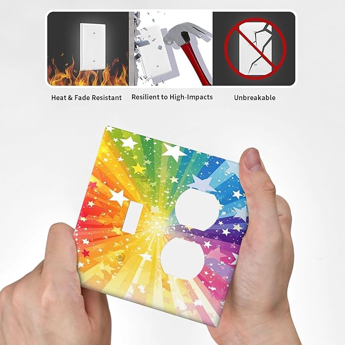 Light Switch Cover Plate Rainbowcolored Rays With White Stars 2 Gang Decorative Switch Plates 1 Toggle Duplex Combo Outlet Covers GFCI Wall Plates for Nursery Home Decor