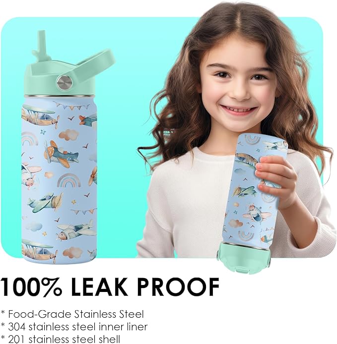 Airplane Gifts - 16oz Kids Blue Airplane Water Bottle with Straw Lid, Stainless Steel Insulated Tumbler, Leakproof, BPA-Free, for Boys, School, Travel - Helicopter Pilot Lovers Birthday Gift Cup (1pc)