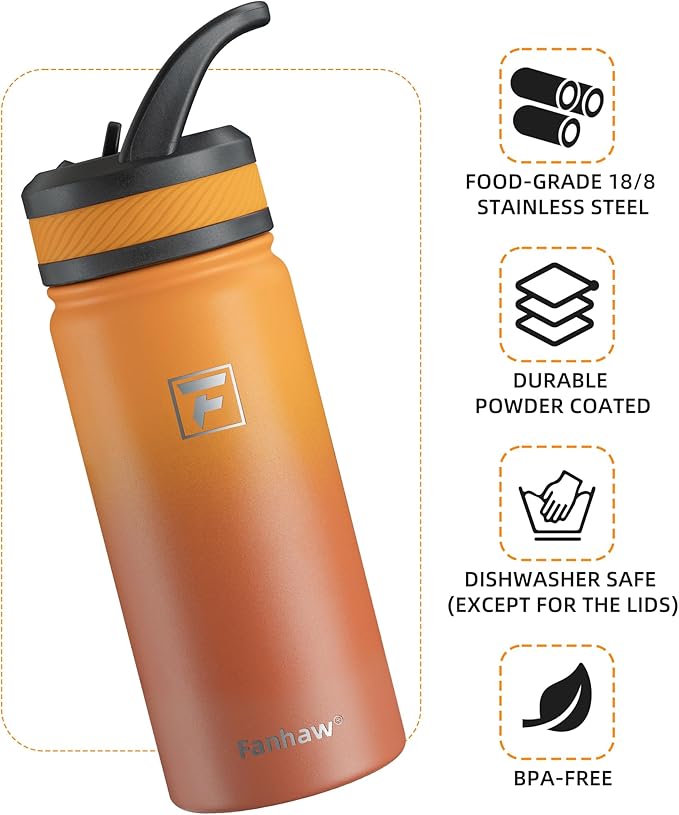 Fanhaw 18 Oz Kids Insulated Water Bottle with Straw Lid – Stainless Steel Double Wall Vacuum, Leak-Proof, BPA-Free Water Bottles for School Boys & Girls(Yellow Orange)