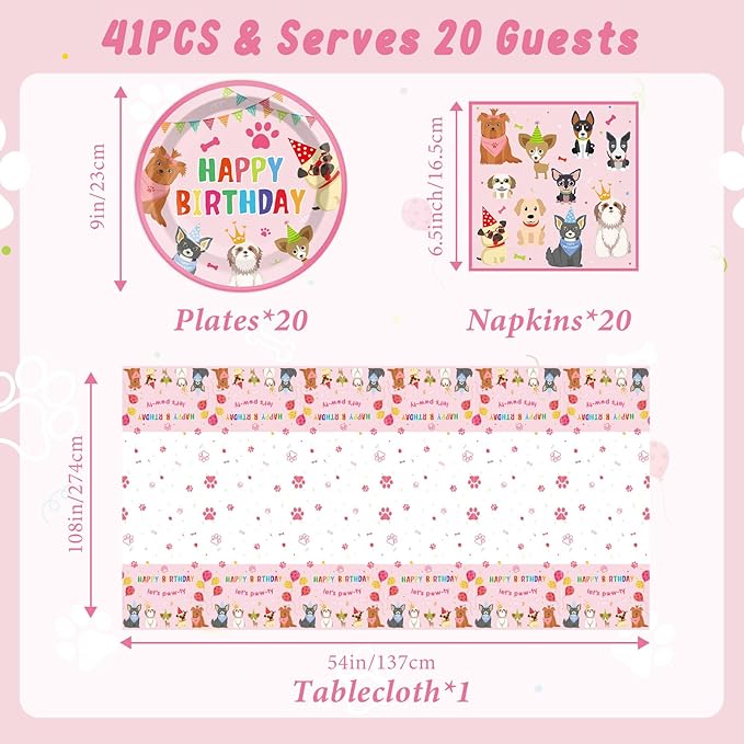41PCS Pink Dog Birthday Party Decorations Set Puppy Party Supplies Including Dog Girl Party Plates Napkins Tablecloth Serves 20 Guests for Dog Birthday Parties Decorations
