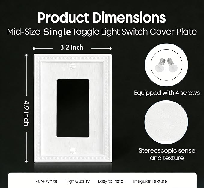 ZEFTV Mid-Size 20 Pack Decorator Wall Plates 1-Gang Switch Outlet Electrical Cover Plate Unbreakable Thermoplastic Faceplate for Light Receptacle Outlet Switch, Classic Beaded Relief Design, White