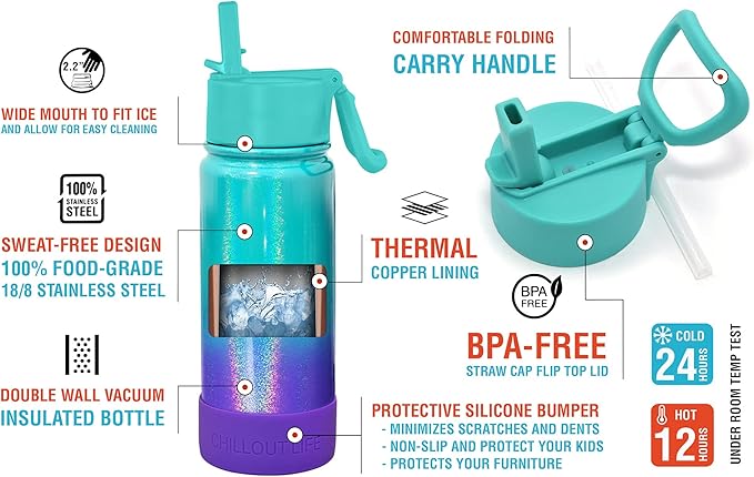 CHILLOUT LIFE 12 oz Kids Insulated Water Bottle for School with Straw Lid Leakproof and Cute Waterproof Stickers, Personalized Stainless Steel Thermos Flask Metal Water Bottle for Girls & Boys