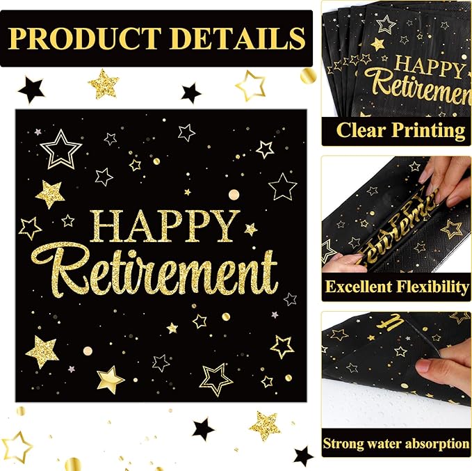 48Pcs Happy Retirement Paper Plates and Napkins Retirement Party Decorations Farewell Black and Gold Party Supplies Disposable Dinnerware Dessert Plates for Birthday Graduation Women Men Serves 24
