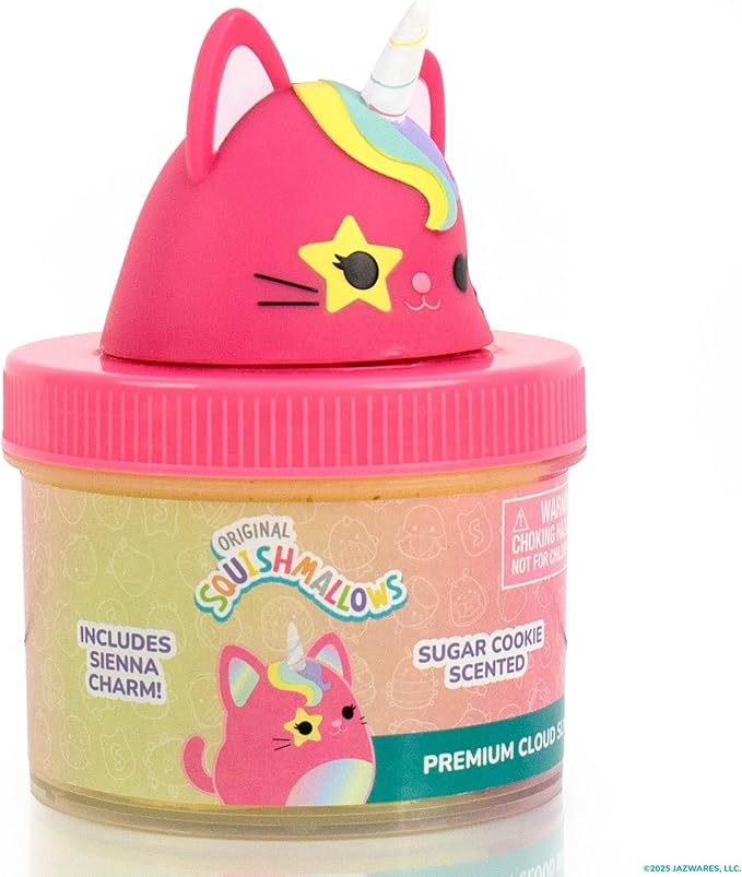 Original Squishmallows Sienna the Caticorn Premium Cloud Slime, Sugar Cookie-Scented, 8 oz., Storage Container with Figurine Topper, Rubber Charm, Goodie Bags Stuffers, Kids Party Favors, Sensory Toys