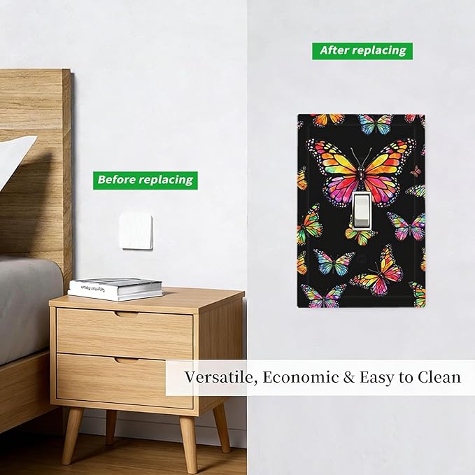 Colorful Butterflies Black 1-Gang Toggle Light Switch Plate, Enchanted Garden Butterfly Decorative Wall Plate for Bedroom Decor